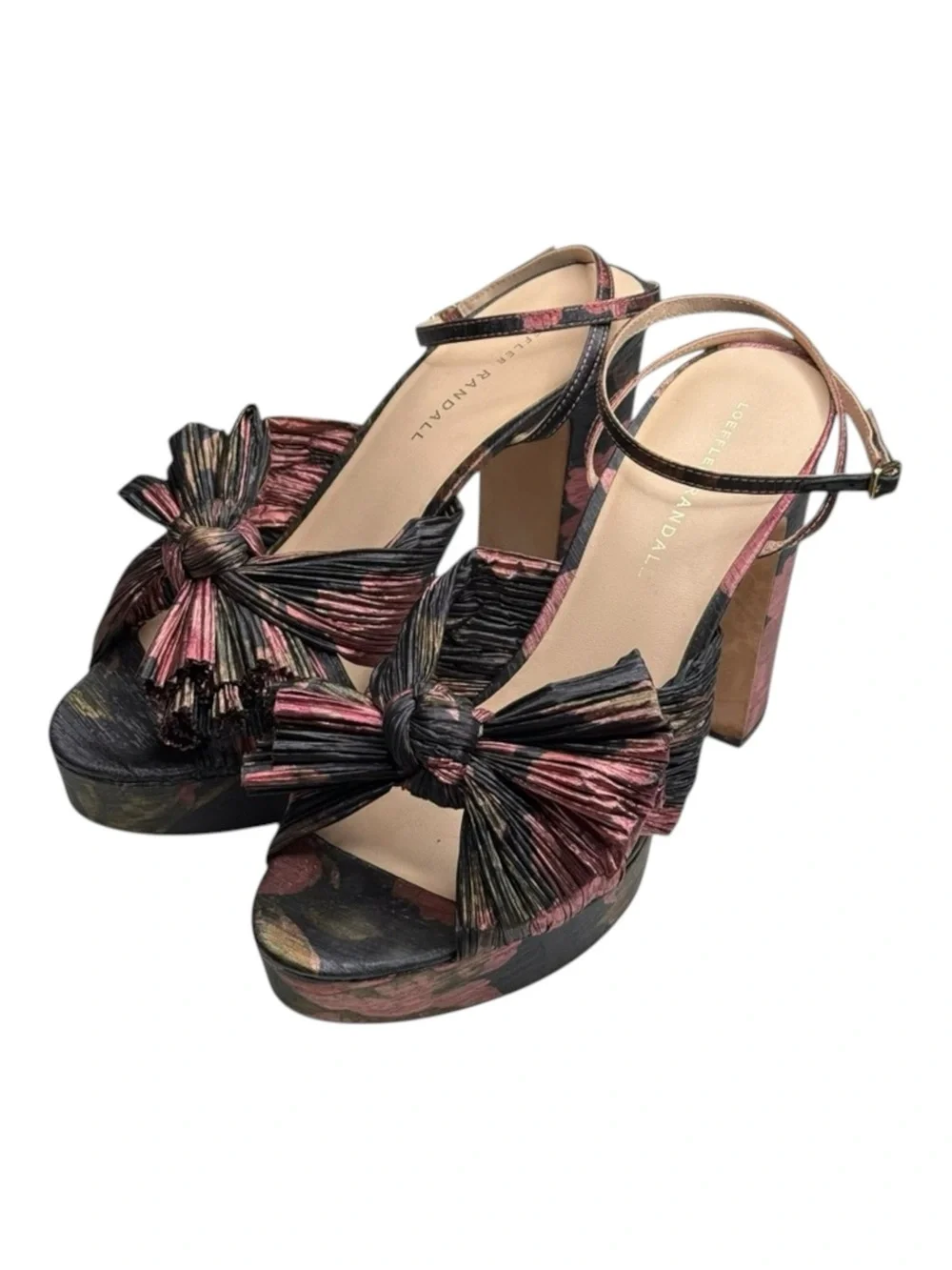 Loeffler Randall ✿ Natalia Pleated Knot Platform Heel Sandal ✿ Metal Floral ✿ 9M